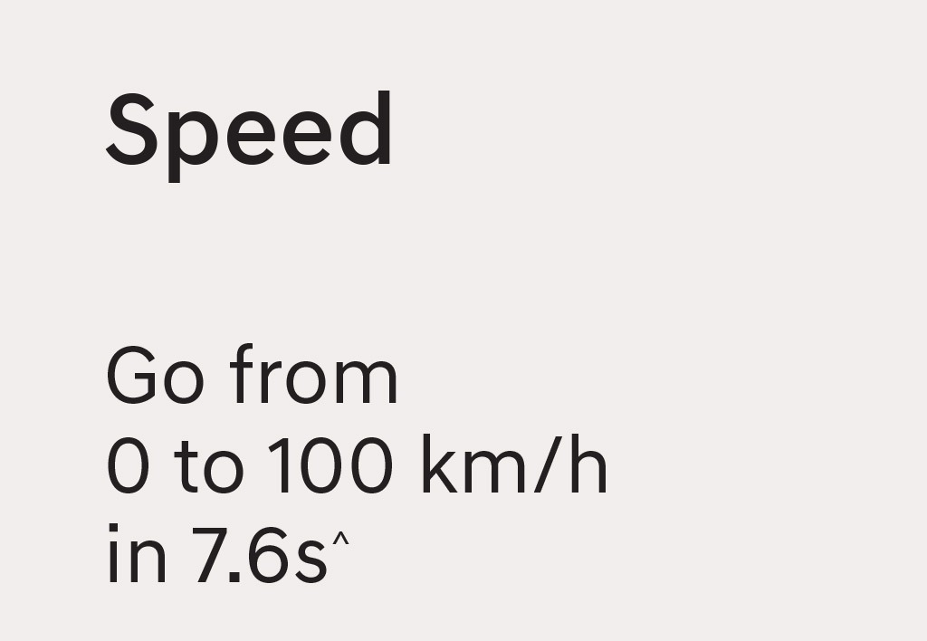 Speed goes from 0 to 100 km/h in 7.6s^